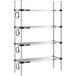 A silver Metro Super Erecta stainless steel shelving unit with four shelves and black cords.