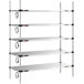 A Metro Super Erecta 5-shelf heated stainless steel takeout station with chrome posts.