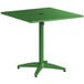 A green Lancaster Table & Seating outdoor table with a metal base.