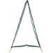 A green triangular Menu Solutions table tent with a triangle shaped frame.