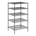 A black metal wire shelving unit with four shelves.