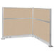 A Versare beige L-shape cubicle with metal frame and electric channel.