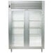 A Traulsen stainless steel double glass door reach-in refrigerator.
