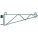 A green metal Metroseal 3 wall mount shelf support post with a clip.
