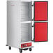 A red and white Avantco heated holding cabinet with two solid doors.