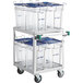 A white metal cart with clear plastic containers.