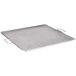 A square stainless steel portable griddle tray with handles.