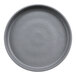 A close-up of a grey textured GET Roca melamine plate with a circular rim.