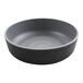 A close up of a black bowl with a grey rim on a white background.