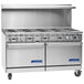 A stainless steel Imperial Range commercial gas range with double ovens.