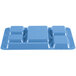 A blue rectangular Cambro tray with six compartments.