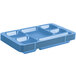 A stack of blue Cambro polycarbonate compartment trays.