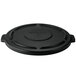 A black Rubbermaid lid with handles for a round trash can.