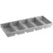 A rectangular metal loaf pan with five compartments.