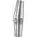 A silver stainless steel Barfly cocktail shaker with skulls on it.