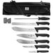 A Mercer Culinary BPX 9-piece BBQ competition knife roll set in a black bag with a logo.