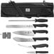 A Mercer Culinary BPX 8-piece BBQ competition knife set in a black bag with a strap.