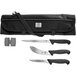 A Mercer Culinary BPX knife set in a black case with a strap containing knives.