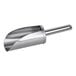 A silver stainless steel flour scoop with a long handle.