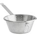 A silver stainless steel strainer with a long metal handle and a hole in the bottom.