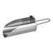 A silver stainless steel flour / breading scoop with a handle.