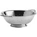 A silver stainless steel Choice colander with holes.