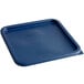 A blue square polyethylene lid on a Cambro food storage container.