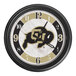A white Holland Bar Stool University of Colorado wall clock with a buffalo logo and LED lights.