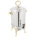 A Vollrath stainless steel coffee urn with brass trim.