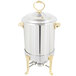 A Vollrath stainless steel coffee urn with brass trim.