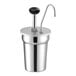 A silver metal ServSense stainless steel pump dispenser inset with a metal lid.