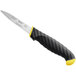 A Schraf serrated edge paring knife with a yellow handle and black blade.
