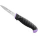 A Schraf serrated edge paring knife with a purple handle.