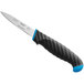 A Schraf paring knife with a blue TPRgrip handle and black blade.