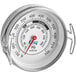 A close up of a Choice 2" Dial Grill Thermometer with a white background and red handle.