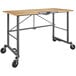 A Cosco portable wooden workbench with wheels.