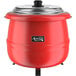 An Avantco red countertop soup kettle with a lid.