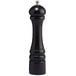 A black pepper mill with a silver top.