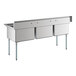 A Regency stainless steel 3 compartment sink on galvanized steel legs.