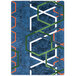 A blue and orange area rug with white and green lines in a geometric pattern.