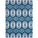 A blue and white peacock rug with geometric patterns.