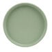 A white melamine plate with a green rim.