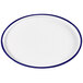 A white Cal-Mil melamine serving tray with a blue rim.