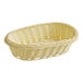 An Acopa woven plastic rattan bread basket with a white background.