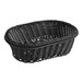 An Acopa black woven plastic rattan bread basket with handles.