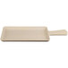 A white rectangular melamine serving board with a handle.