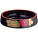 A black sushi tray with red trim and a floral decal.