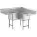 A Regency stainless steel corner sink with two compartments and two drainboards.