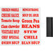 A collection of red text on a white background reading "Soup and Chili" over a black rectangular object with a white stripe.