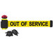 A yellow Banner Stakes "Out of Service" sign with two black magnetic wall mounts and red lights.